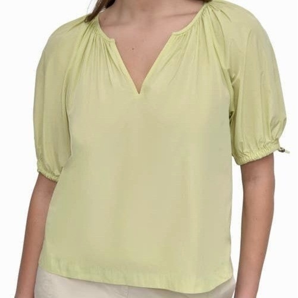 DKNY Drawcord Puff Sleeve Tea Green Split Neck Top Shirt Womens Size L NWT‎